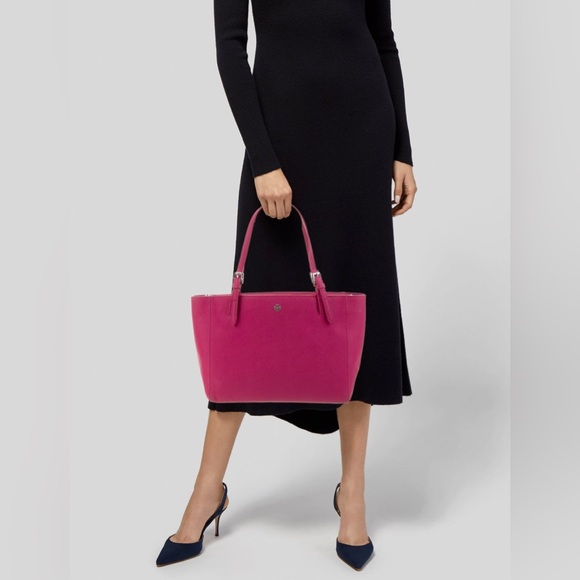 Tory Burch Fuchsia Leather Tote with Logo Accent - Picture 3 of 13